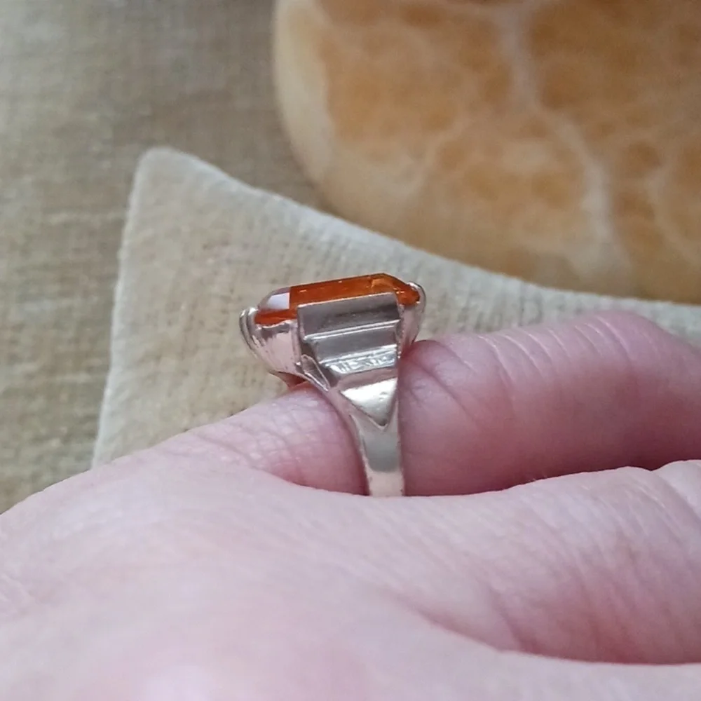 Synthetic Orange Stone Four Prong Set Silver Ring